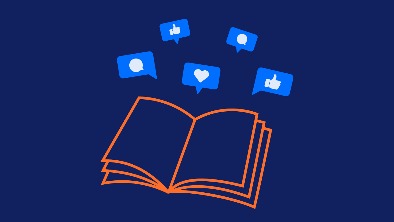 open book with social icons coming out from pages