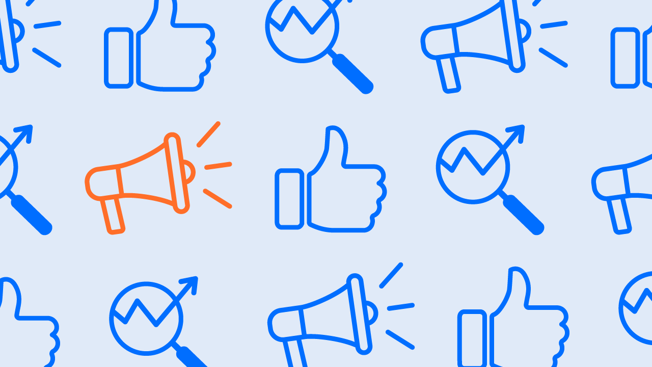 graphic with bullhorn, thumbs up, and search icons