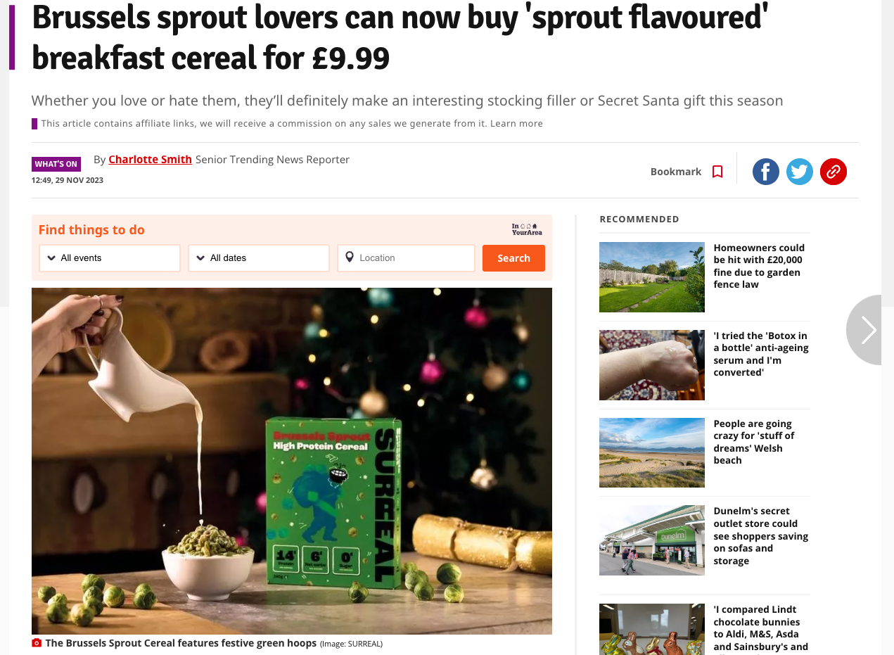 A news story of Brussel sprout flavoured breakfast cereal from brand Surreal
