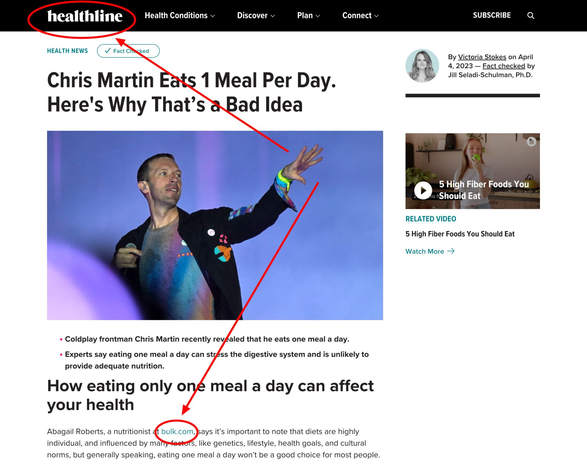 A news story titled Chris Martin Eats 1 Meal Per Day. Heres Why Thats A Bad Idea. Image circles publication logo Healthline and name of brand mentioned in article - Bulk