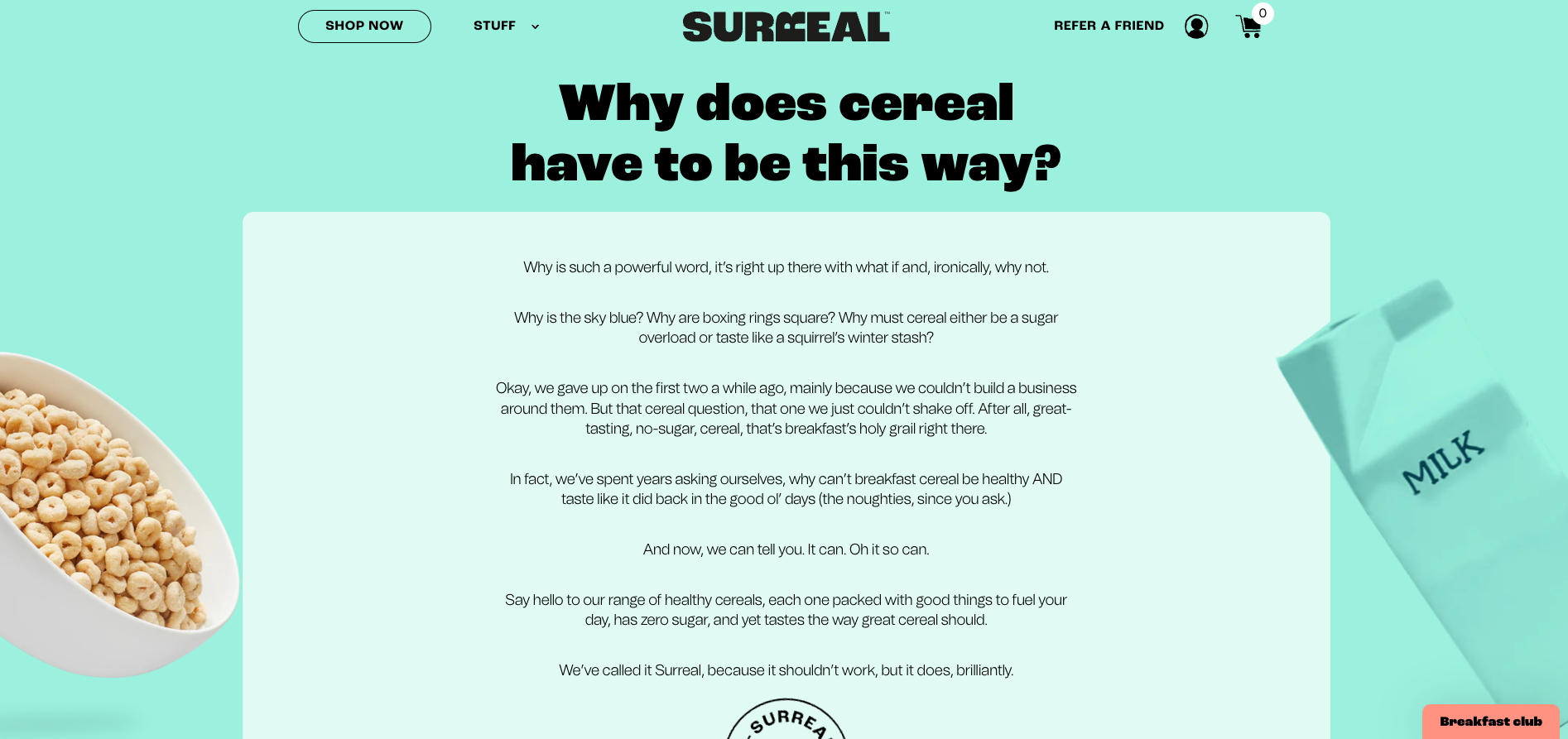 An example of PR storytelling from website of cereal brand Surreal