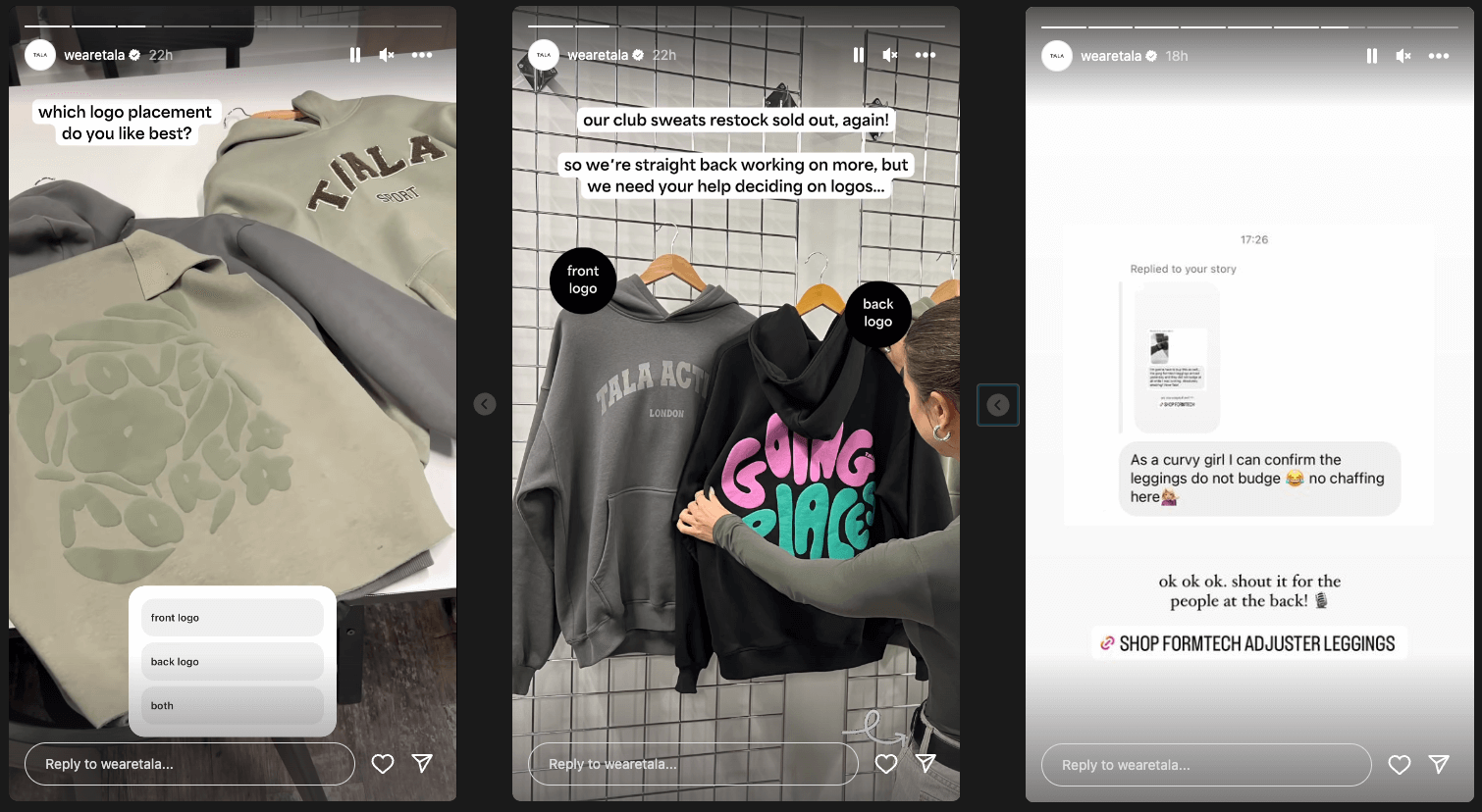 3 Instagram stories from activewear brand TALA, demonstrating customer feedback and involvement in product development.