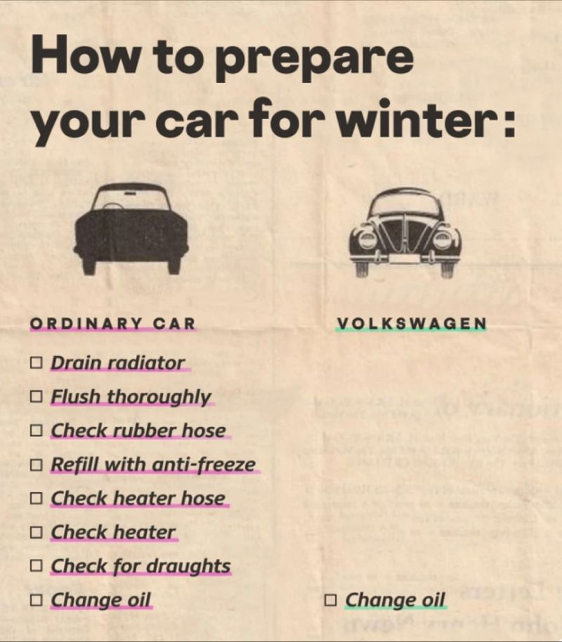 A vintage magazine advert from Volkswagen highlighting reliability of Volkswagen cars