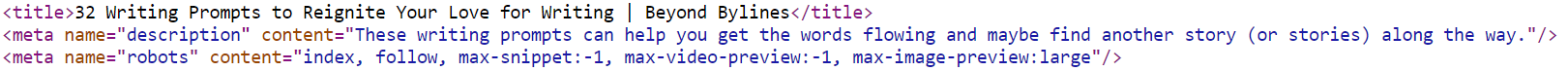Screenshot of meta tags in HTML code