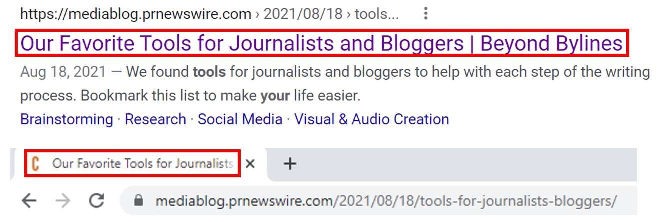 Screenshot of title tag displayed in search engine results and browser tab